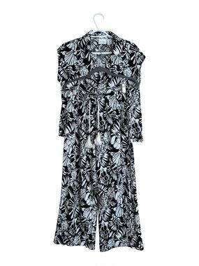Nicole Miller Linen Black White Palm Print Cropped Elastic Waist Pants Set Sz S